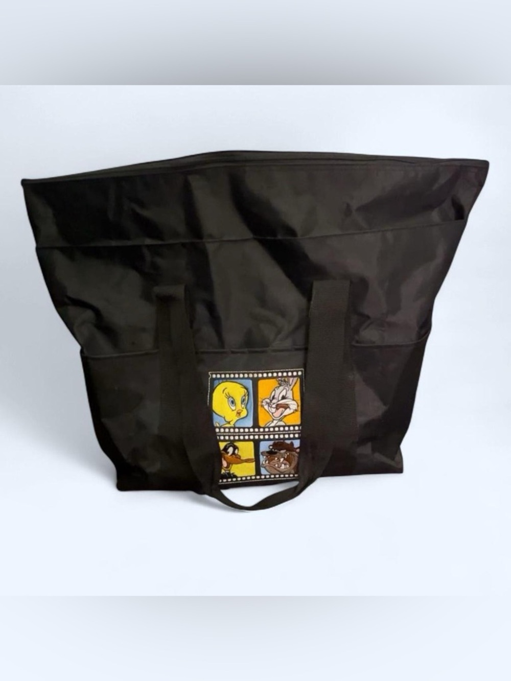 Black Cartoon-Panel Tote Bag with Top Handles